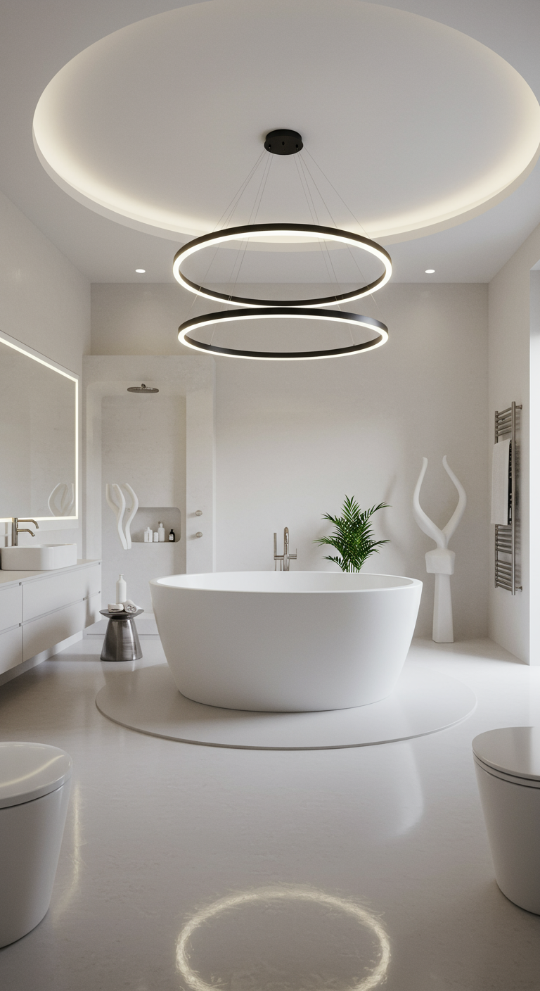 Wit vrijstaand bad in een minimalistische badkamer met een grote cirkelvormige hanglamp erboven.