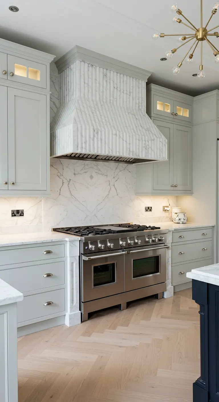 Klassieke keuken met een indrukwekkende, met marmer beklede afzuigkap en marmeren achterwand.