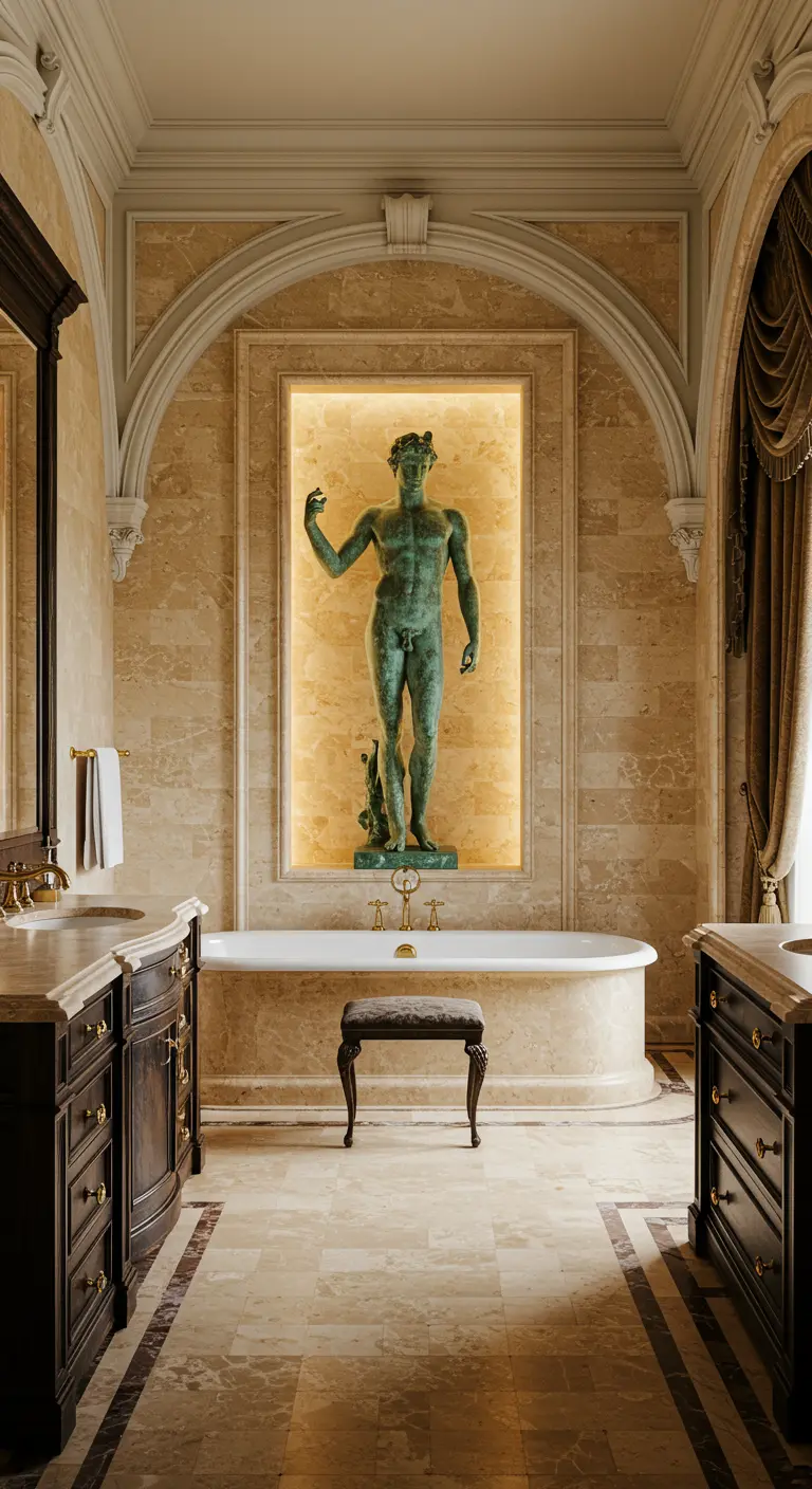 Luxe marmeren badkamer met klassiek beeld in een verlichte nis achter het bad.