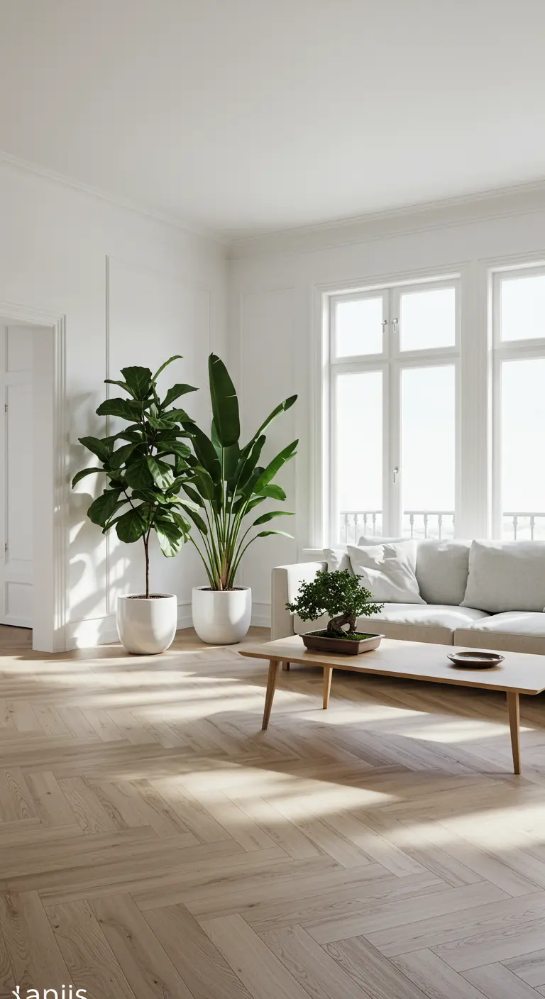 Twee grote groene planten in witte potten in een lichte, minimalistische woonkamer.