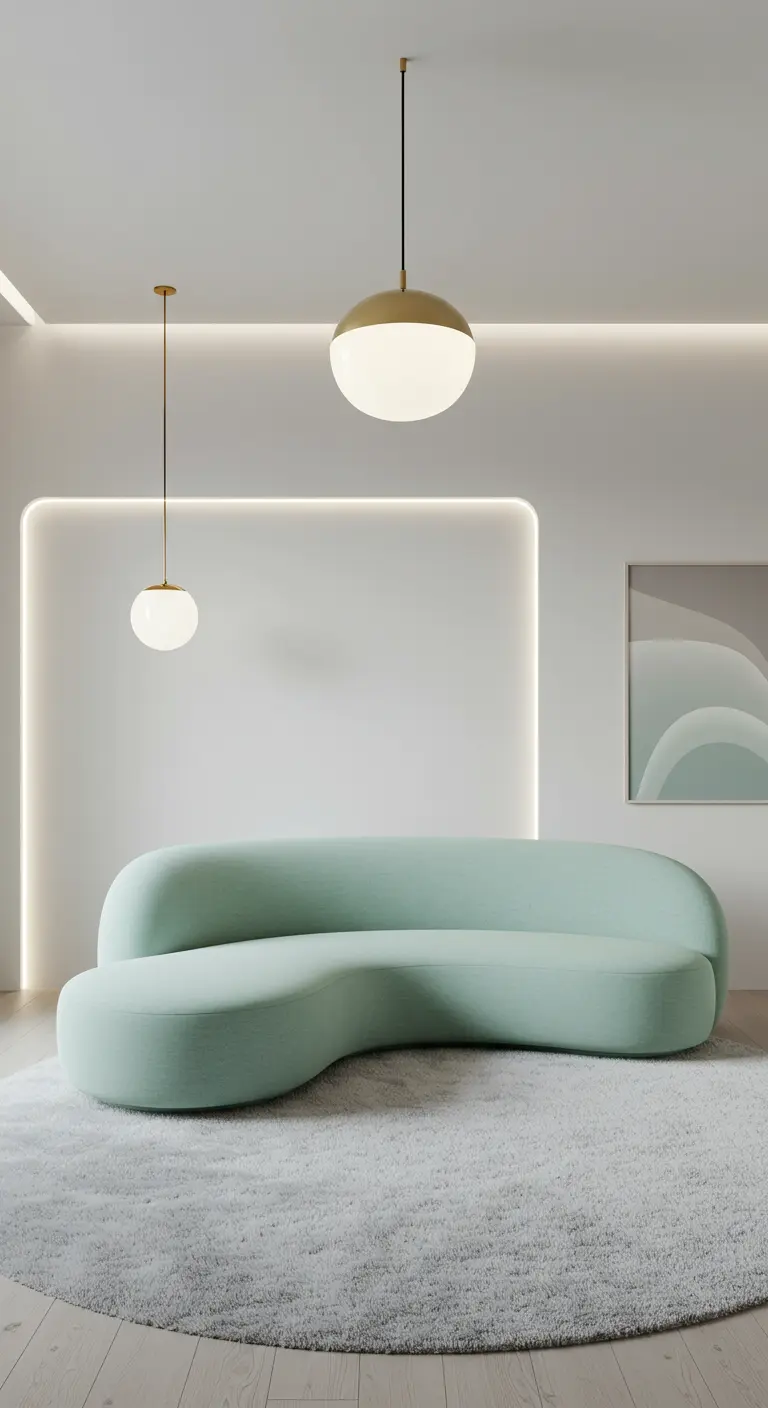 Moderne woonkamer met een mintgroene organisch gevormde bank en ronde hanglampen.