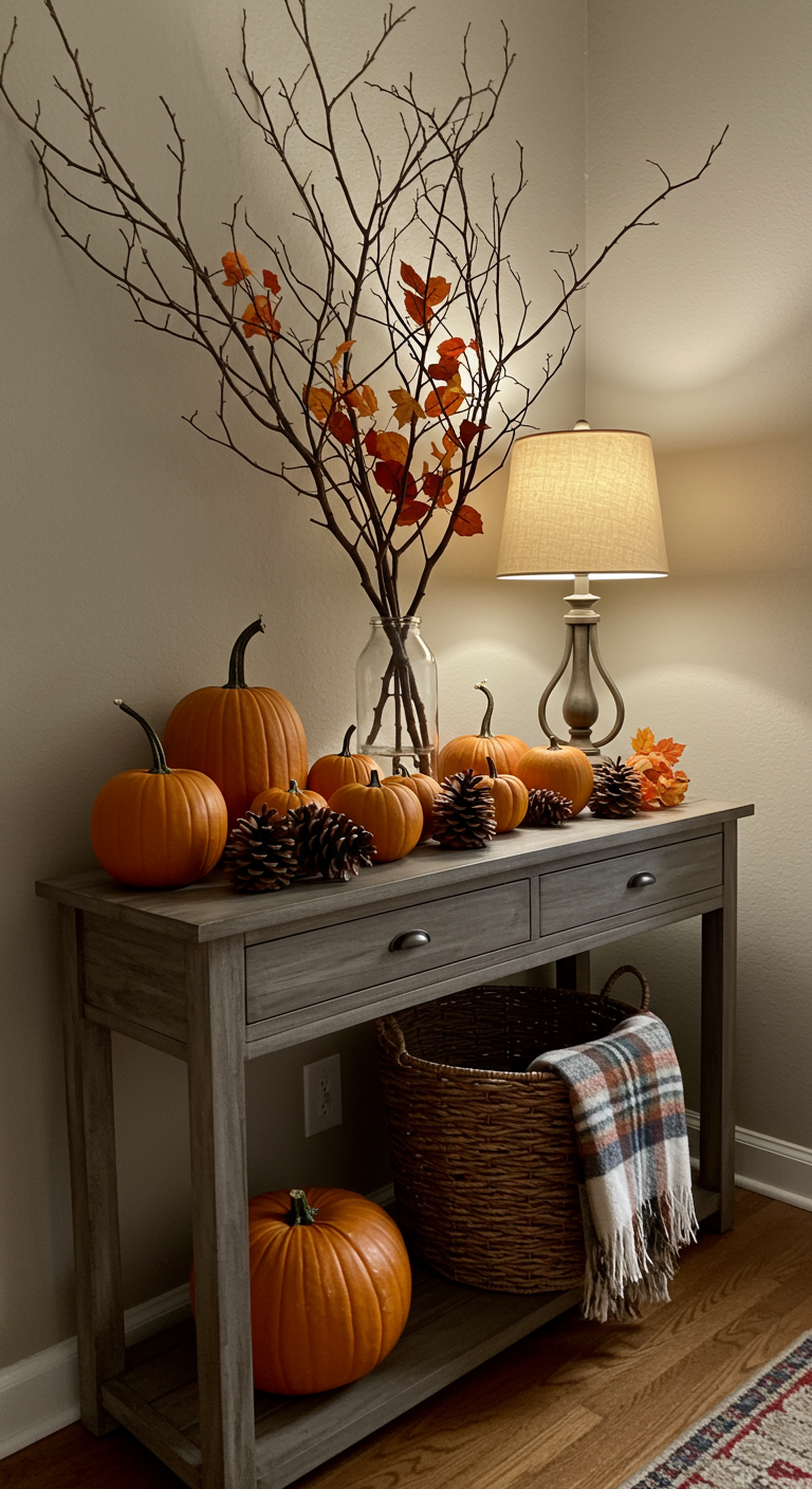 Haltafel met herfstdecoratie: pompoenen, dennenappels en kale takken.