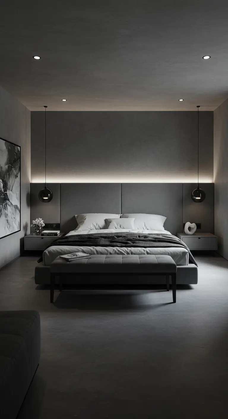 Modern minimalistische grijze slaapkamer met breed hoofdbord en indirecte LED-verlichting.