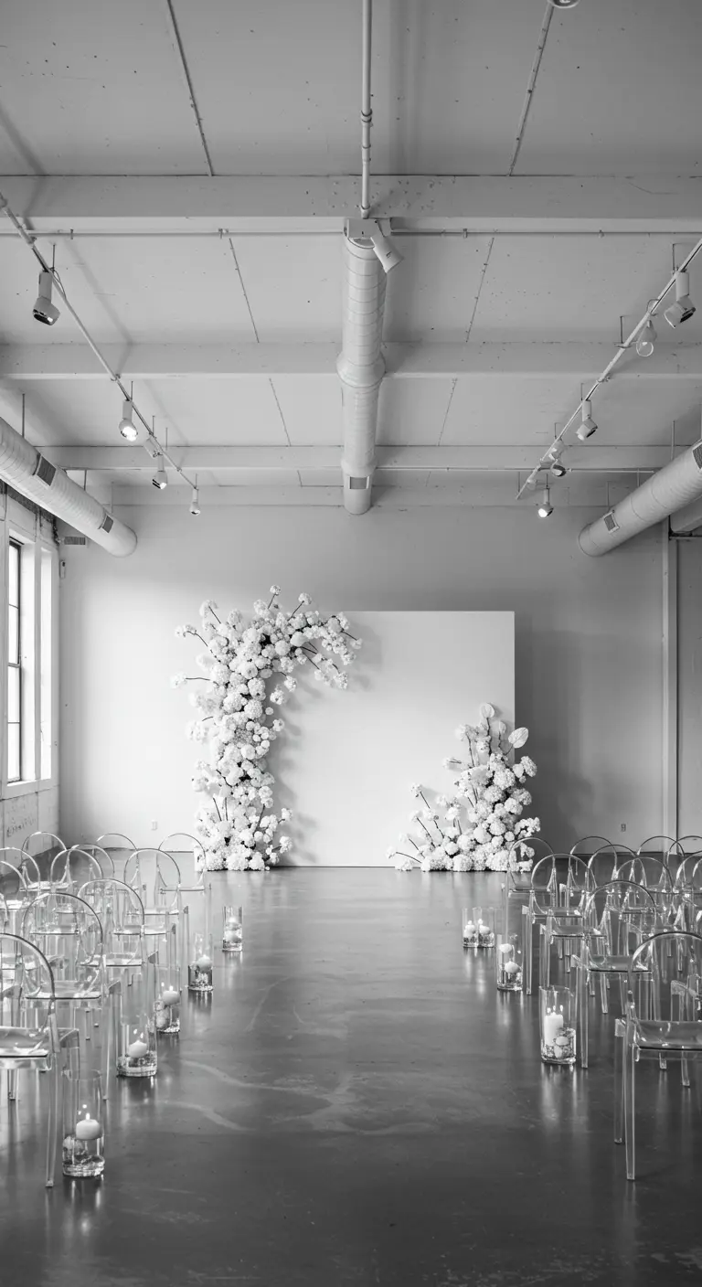 Minimalistische ceremonieopstelling met witte bloemenboog en transparante stoelen.