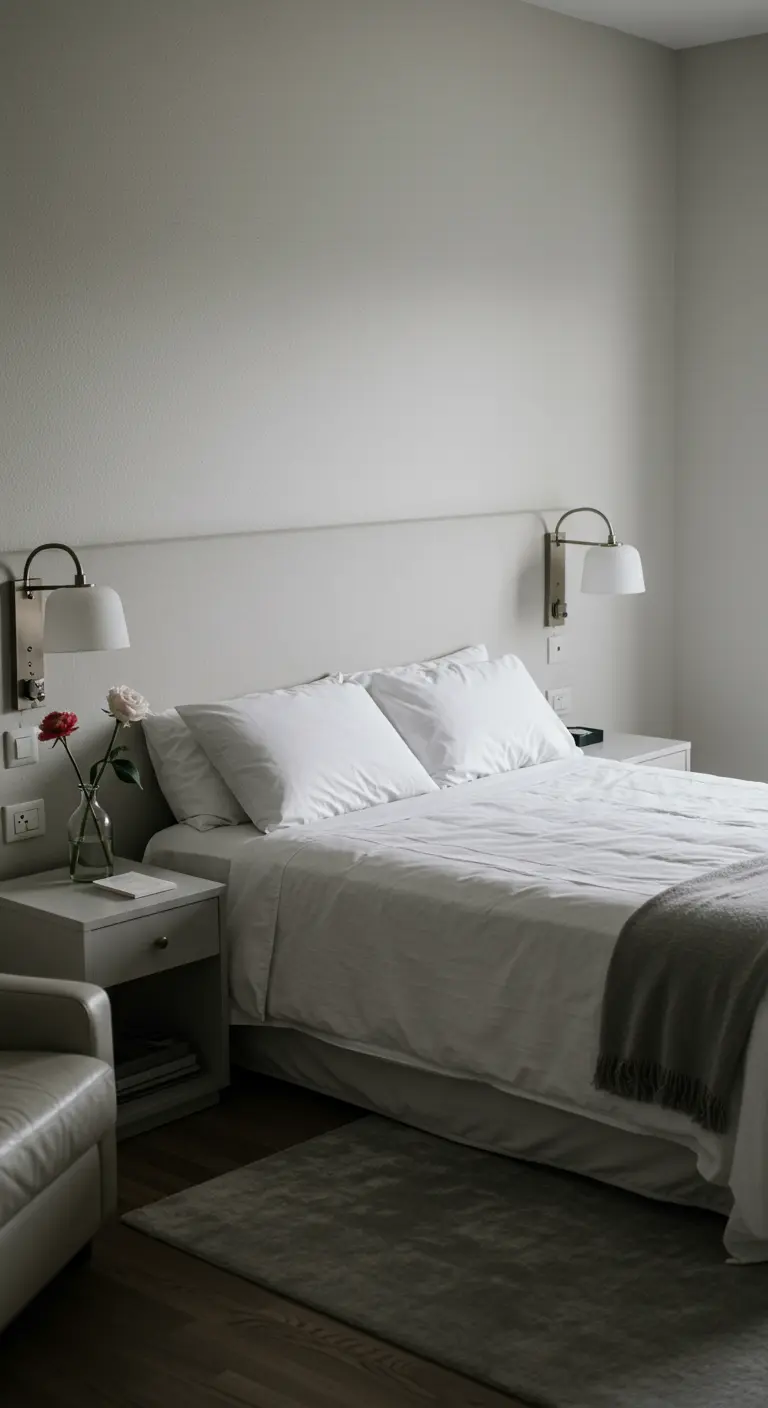 Minimalistisch wit bed met een enkele roos op het nachtkastje.