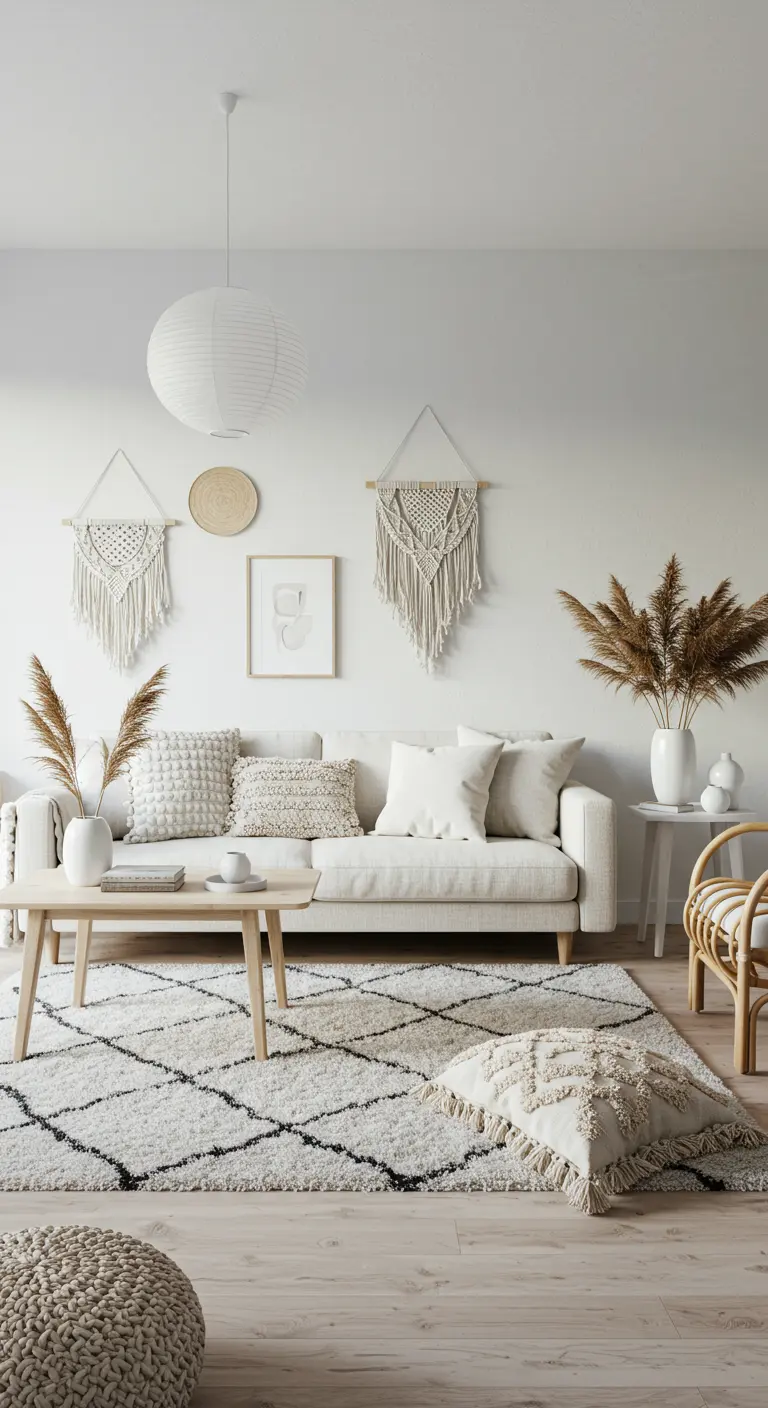 Witte boho woonkamer met macramé, pampasgras, geweven poefs en lichte meubels.