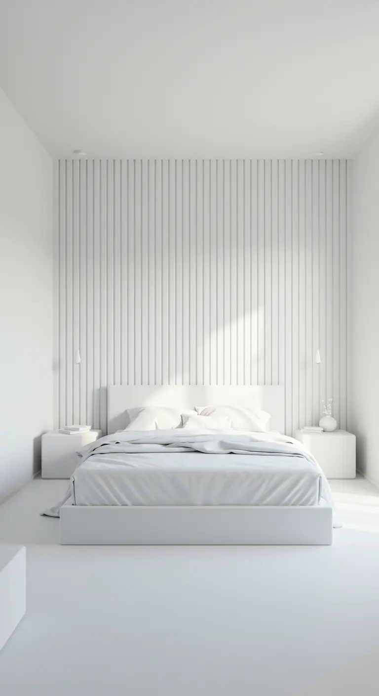 Witte verticale houten lattenwand in een volledig witte minimalistische slaapkamer.