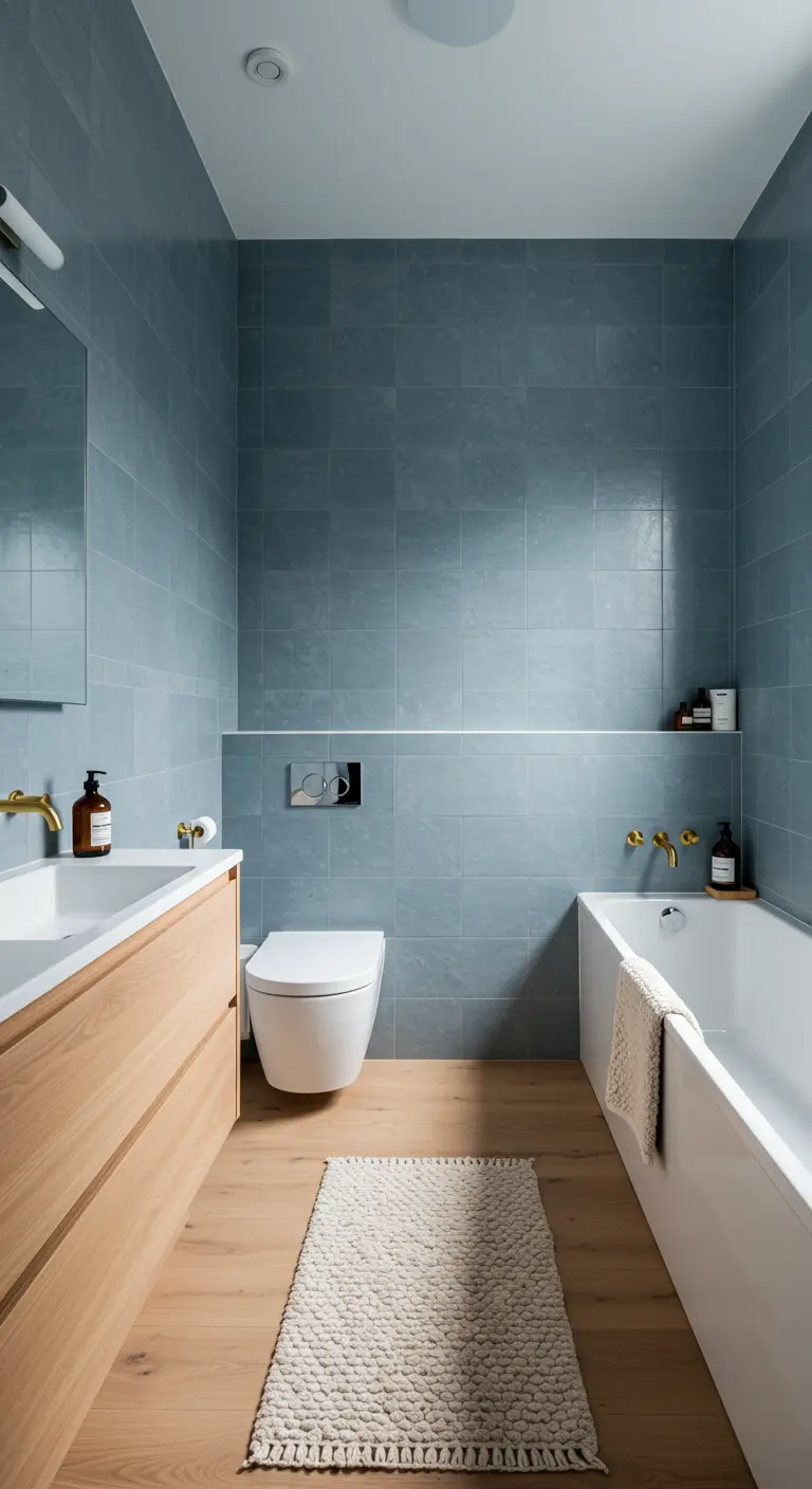 Badkamer met blauwgrijze tegels, houten vloer en geweven badmat.