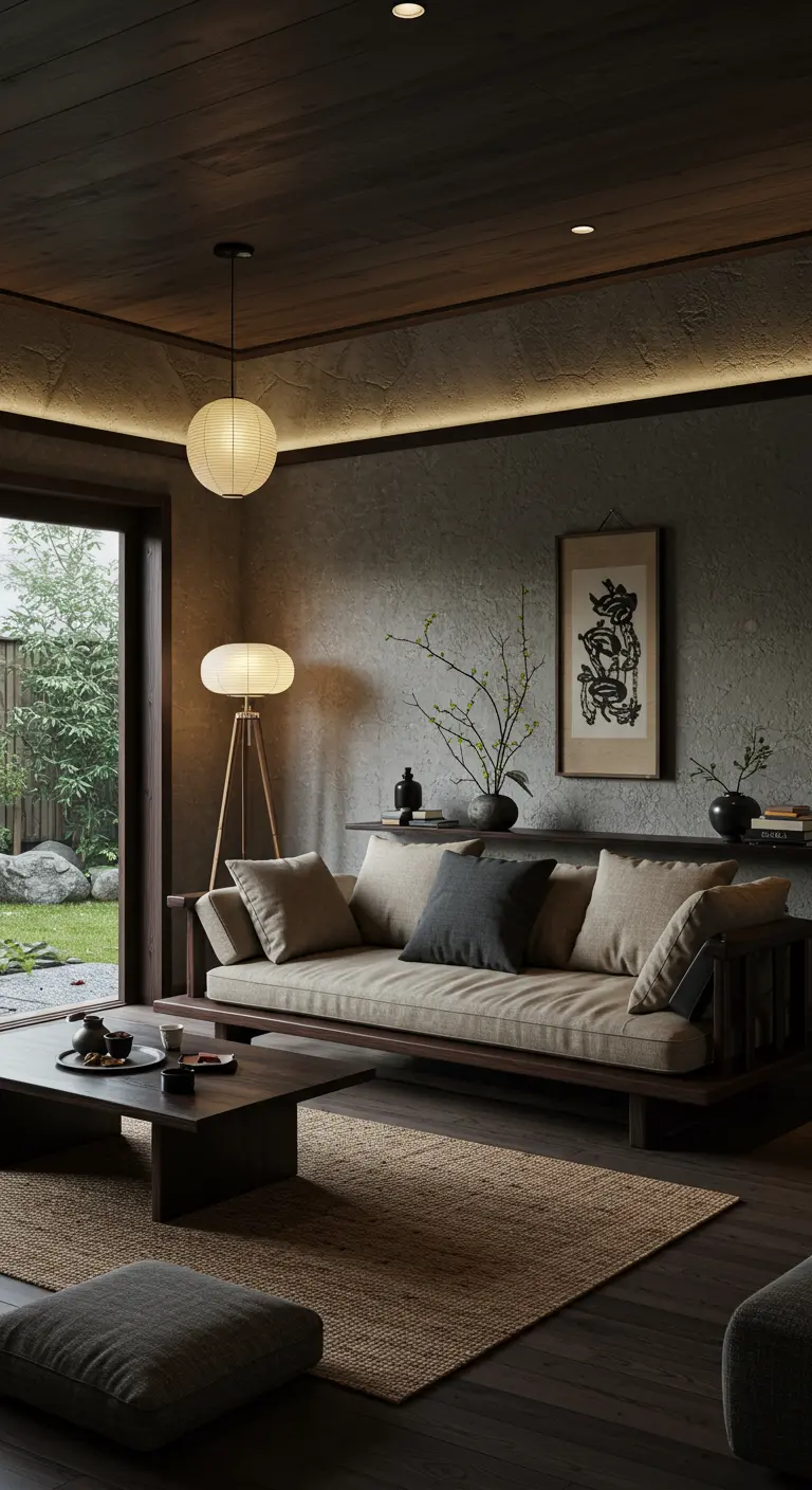 Donkere, serene woonkamer in Japandi-stijl met lage bank en papieren lamp.
