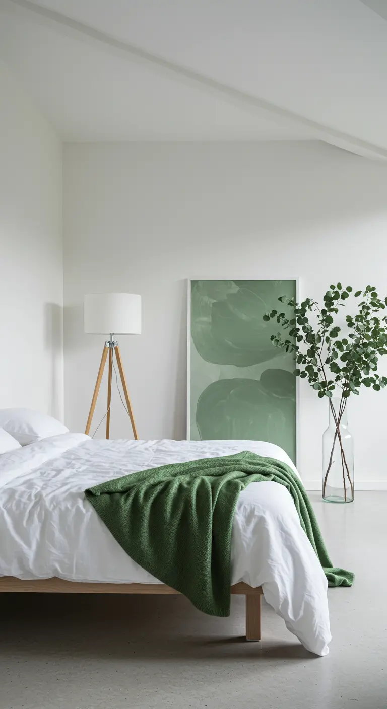 Minimalistische witte slaapkamer, houten bed, donkergroene plaid, abstracte groene kunst, takken in vaas.