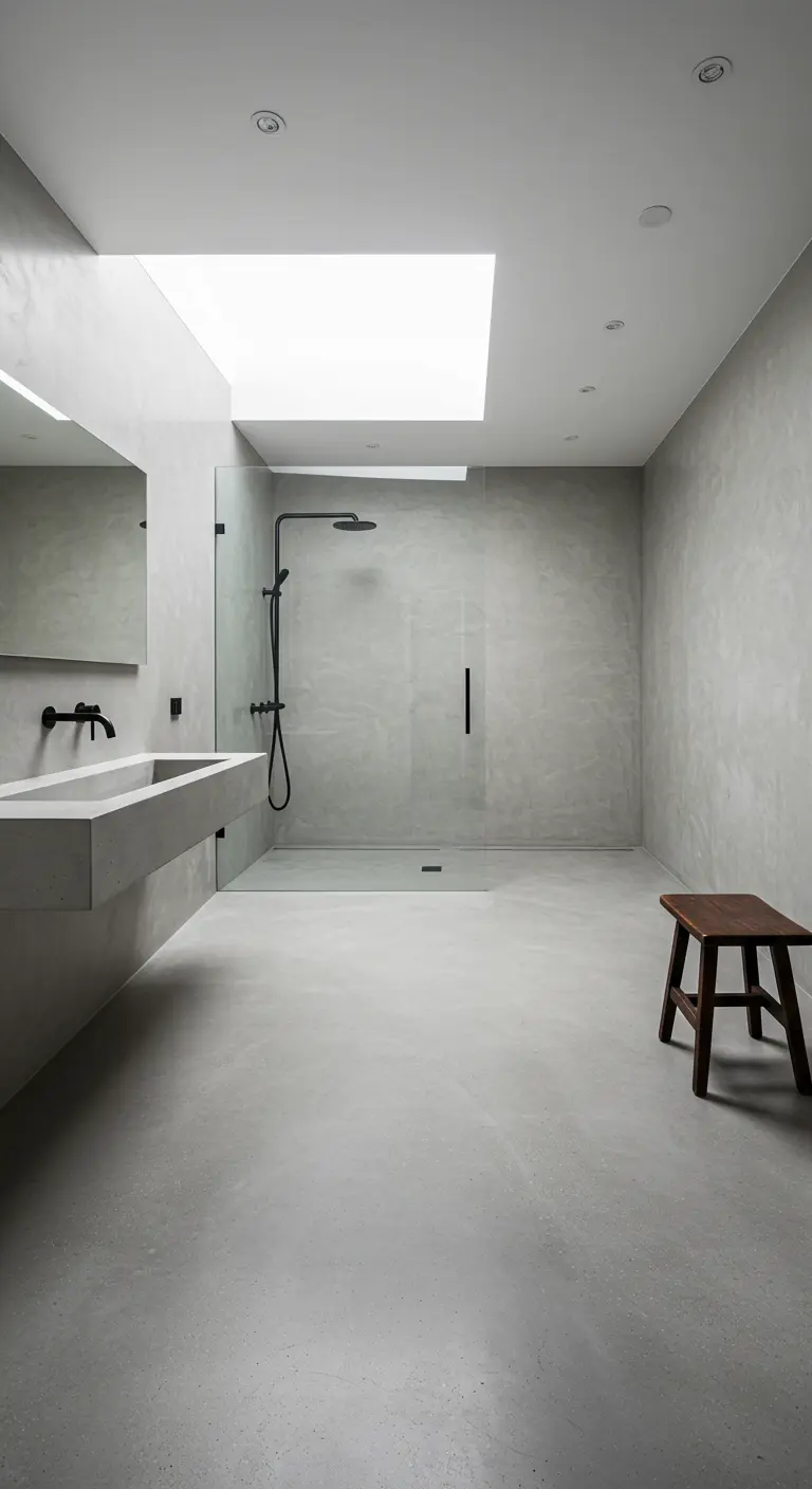 Minimalistische badkamer met naadloze grijze gietvloer en betonnen wastafel.