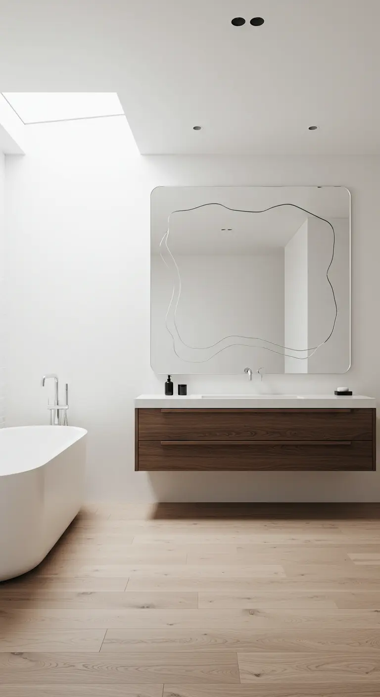 Minimalistische badkamer met een grote vierkante spiegel met een organisch golvende lijn.