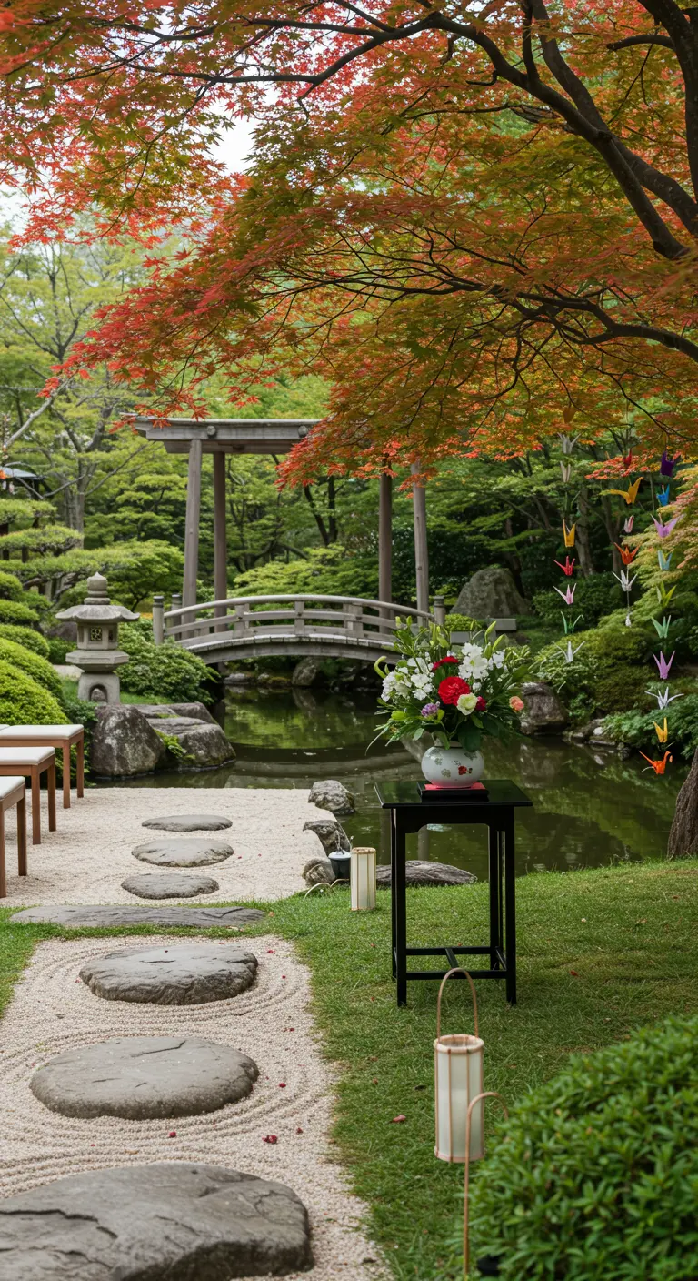 Trouwceremonie in Japanse tuin met papieren kraanvogels en stenen pad.