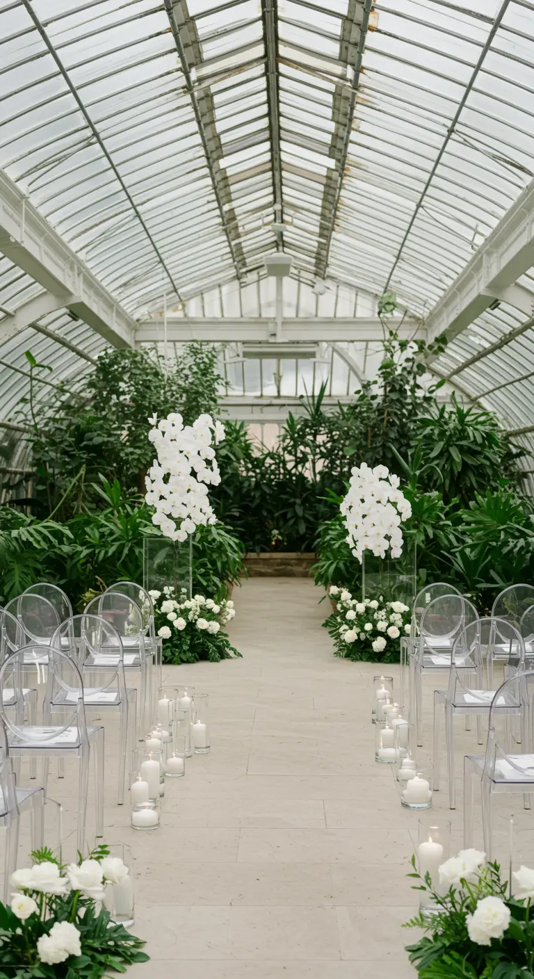 Ceremonie in een kas met transparante stoelen, witte orchideeën en veel kaarsen.