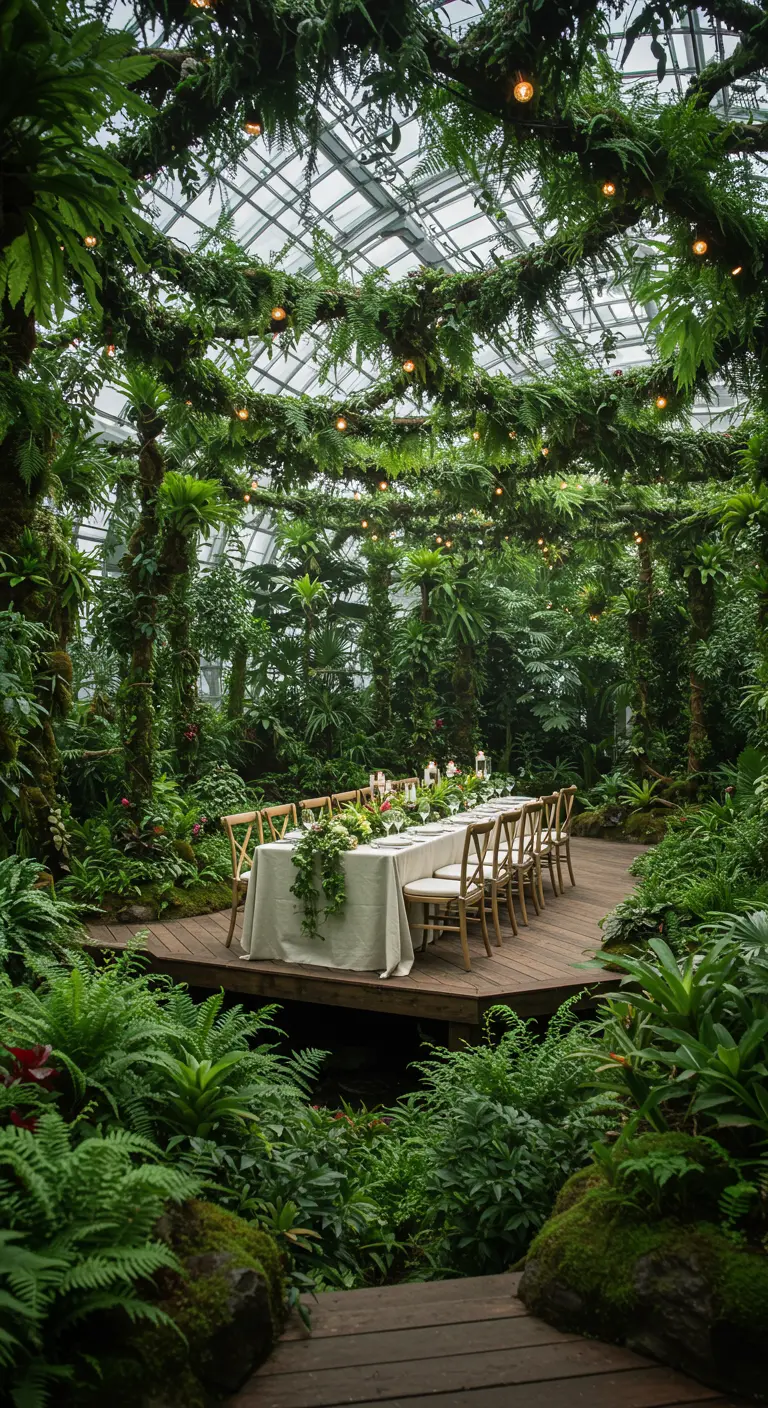 Lange eettafel in een glazen kas, omringd door varens en tropische planten, met hangende lampjes.