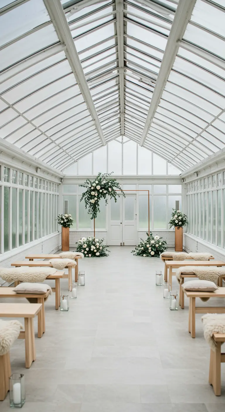 Lichte kas ceremonieopstelling met koperen boog, witte bloemen en schapenvachtjes.