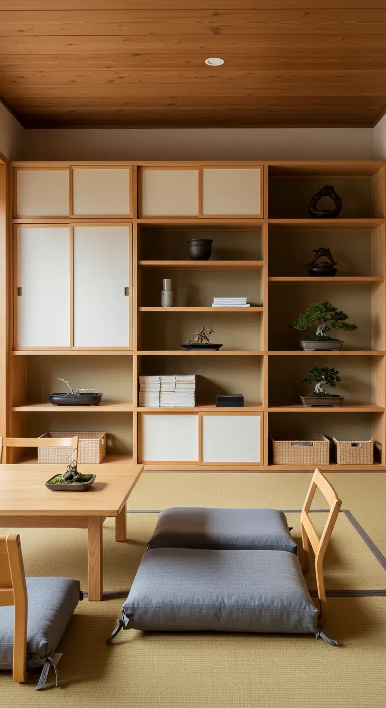 Japanse woonkamer met lage houten meubels, tatami matten en open planken met bonsai.