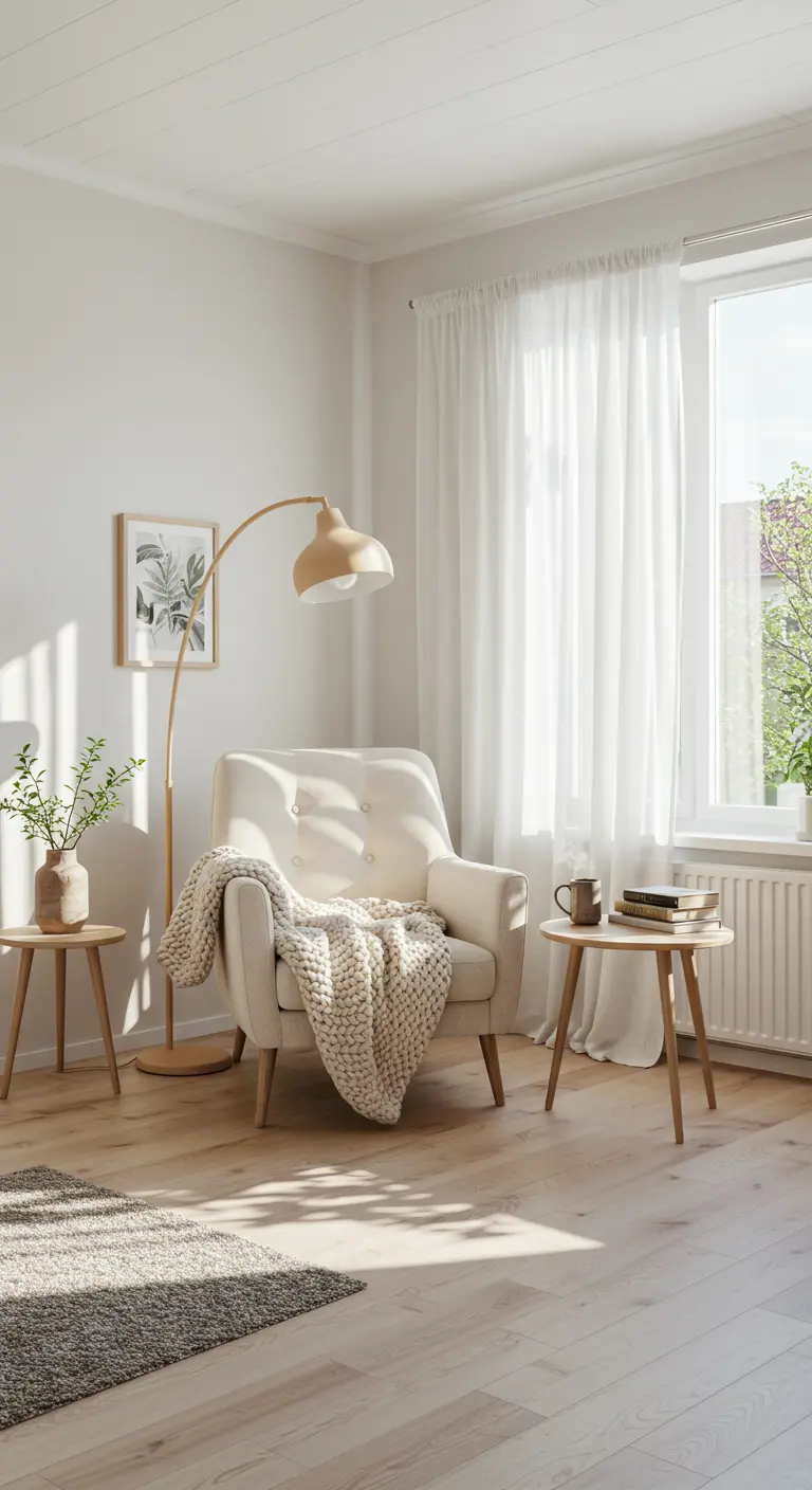 Lichte leeshoek met crèmekleurige fauteuil, gebreid plaid, staande lamp en houten bijzettafeltjes.