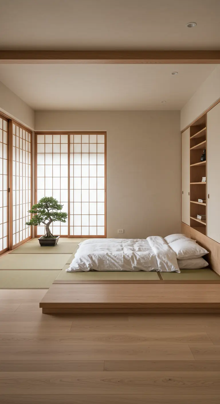 Minimalistische Japandi slaapkamer met lichtbeige muren, houten platformbed, shoji deuren en bonsai boom.