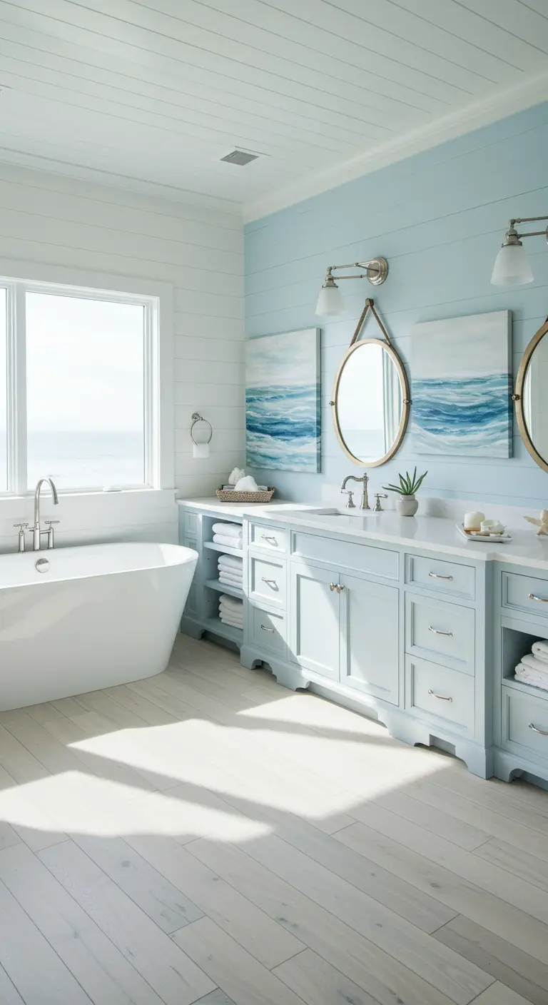 Lichtblauwe badkamer met witte shiplap wanden en vrijstaand bad bij raam.