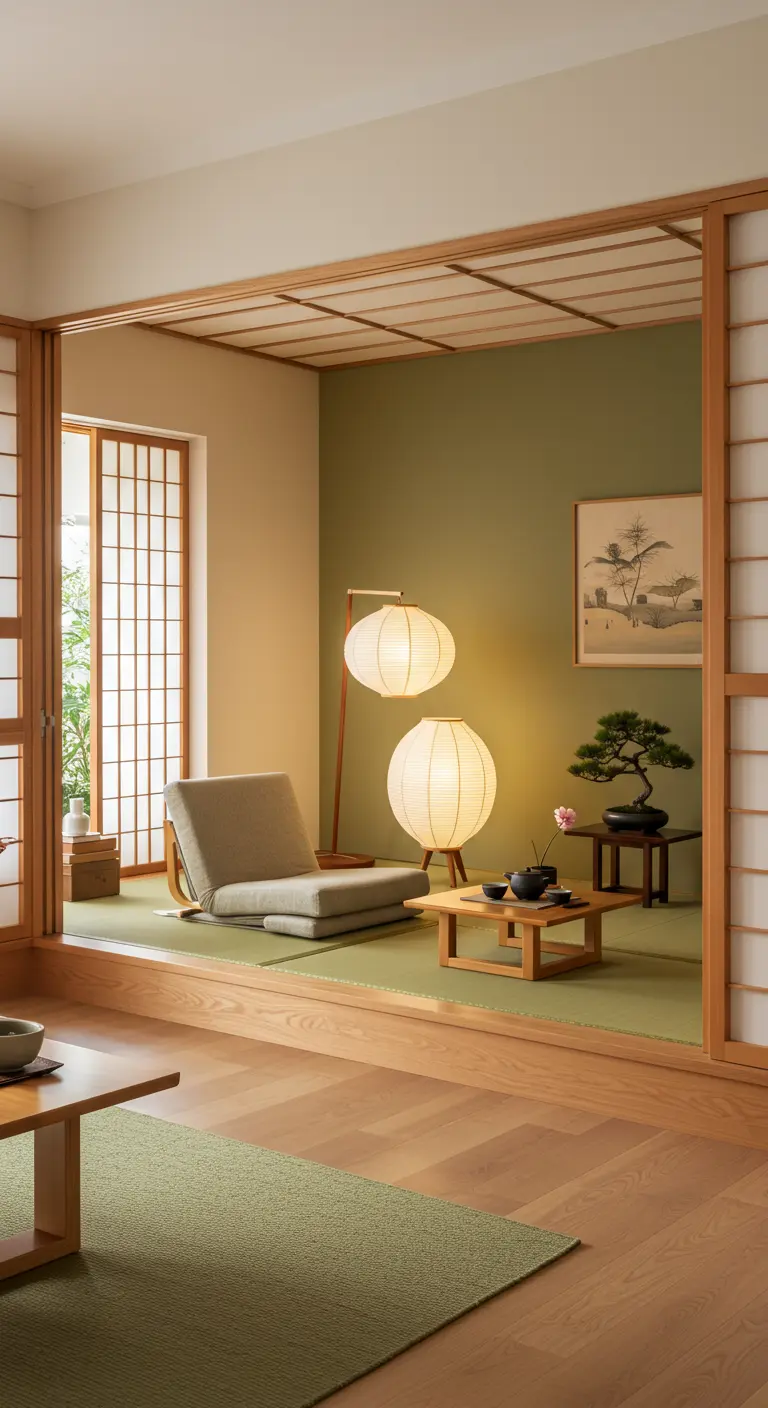 Japandi woonkamer met lage meubels, shoji schermen en rijstpapieren lampen.