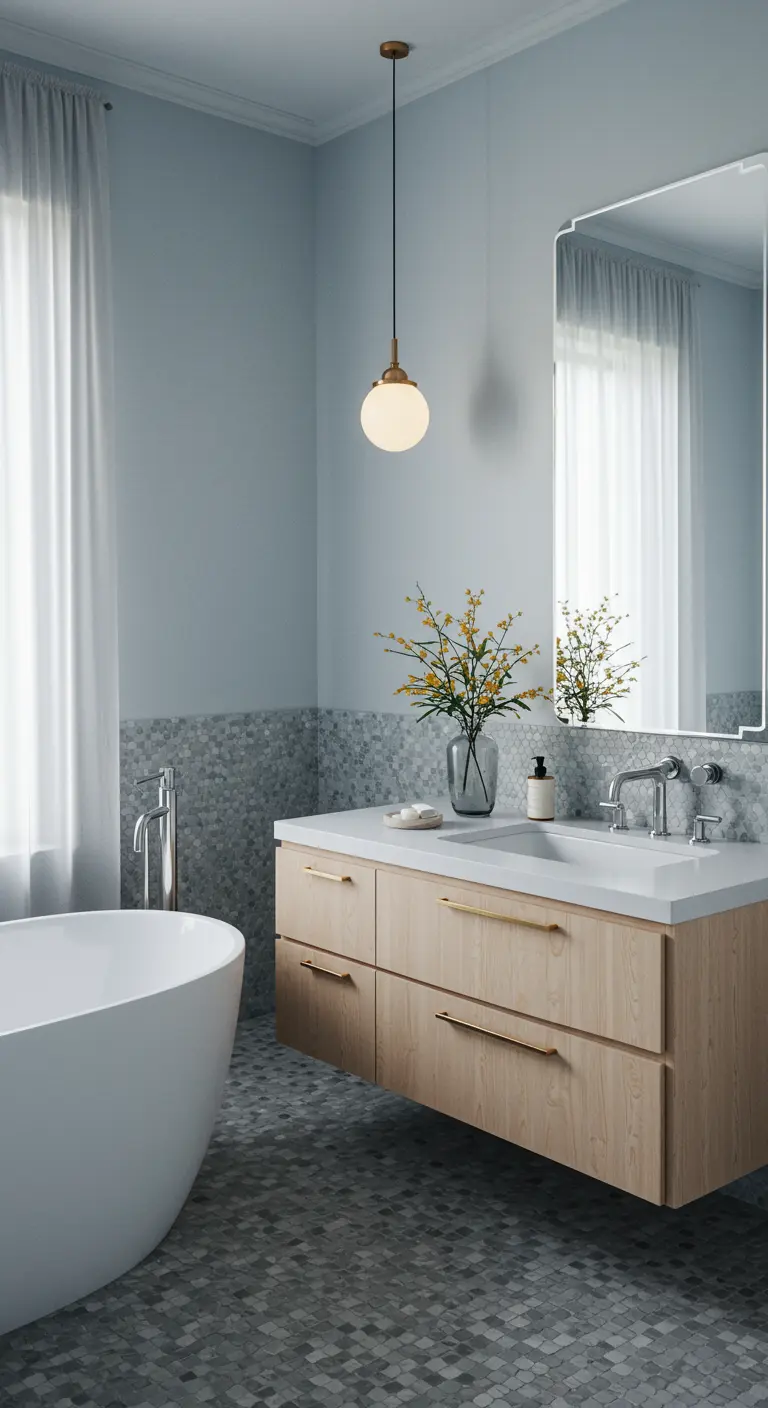 Lichte badkamer met blauwe muur, grijze mozaïek en lichte houten badmeubel.
