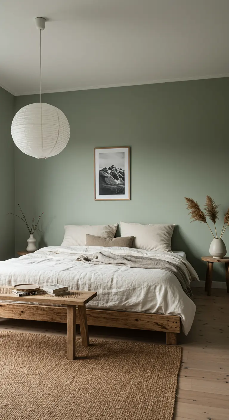 Serene slaapkamer met saliegroene muren, houten bed en papieren lampion.