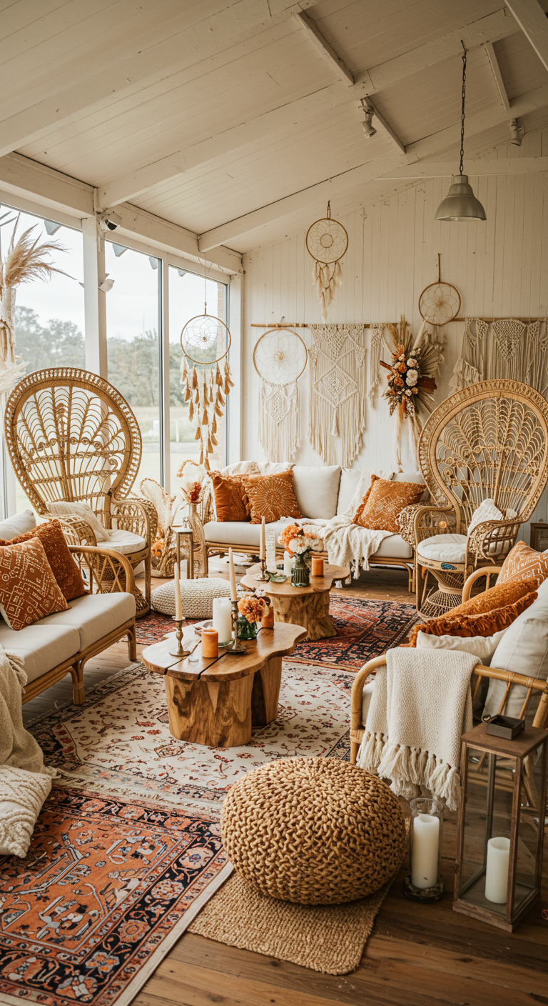 Lichte boho-stijl woonkamer met rotan meubels, dromenvangers en veel textiel.