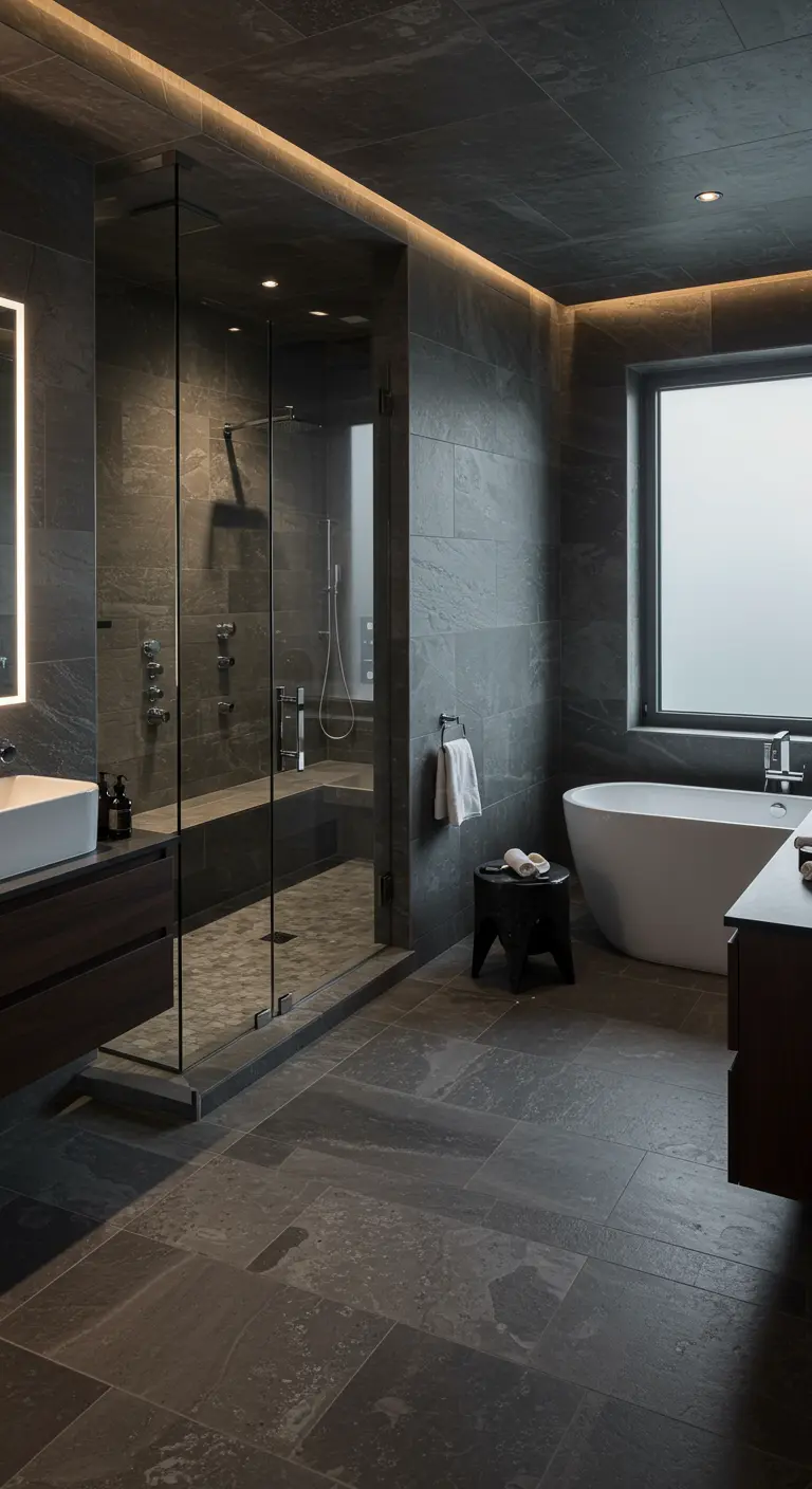 Ruime, donkere badkamer met groot raam, vrijstaand wit bad en donkere tegels.