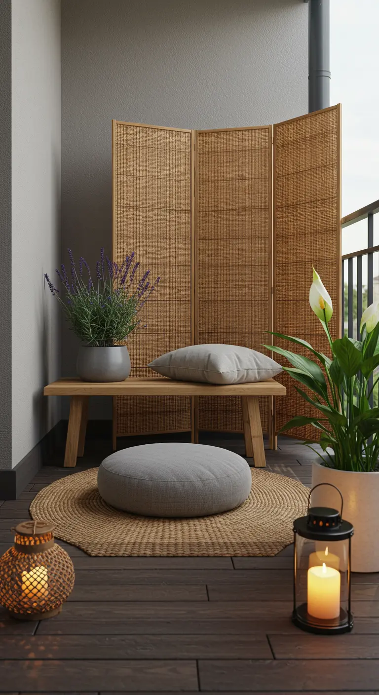 Balkon met bamboe kamerscherm, houten bankje, jute kleed en lantaarns.