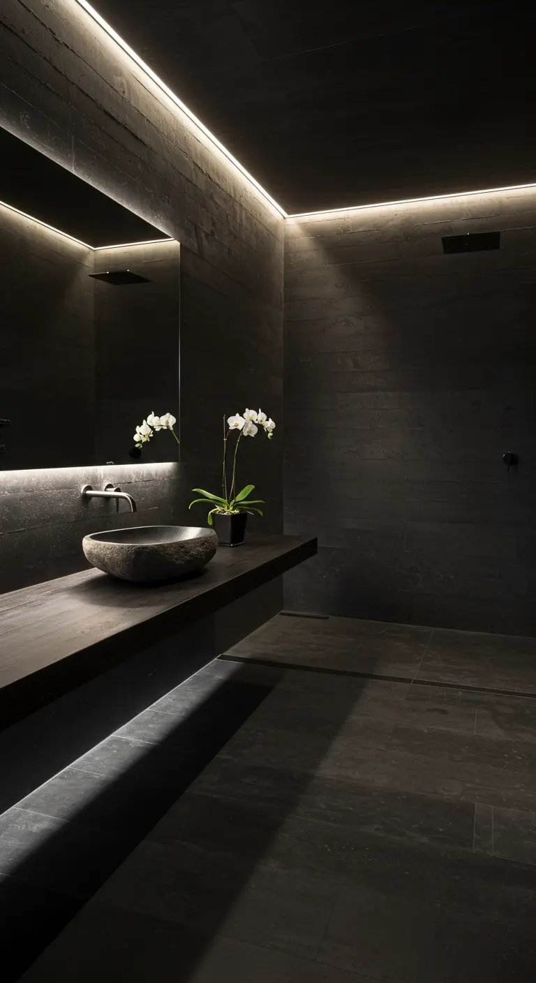 Minimalistische donkere badkamer met zwevende wastafel, indirecte LED-verlichting en plant.