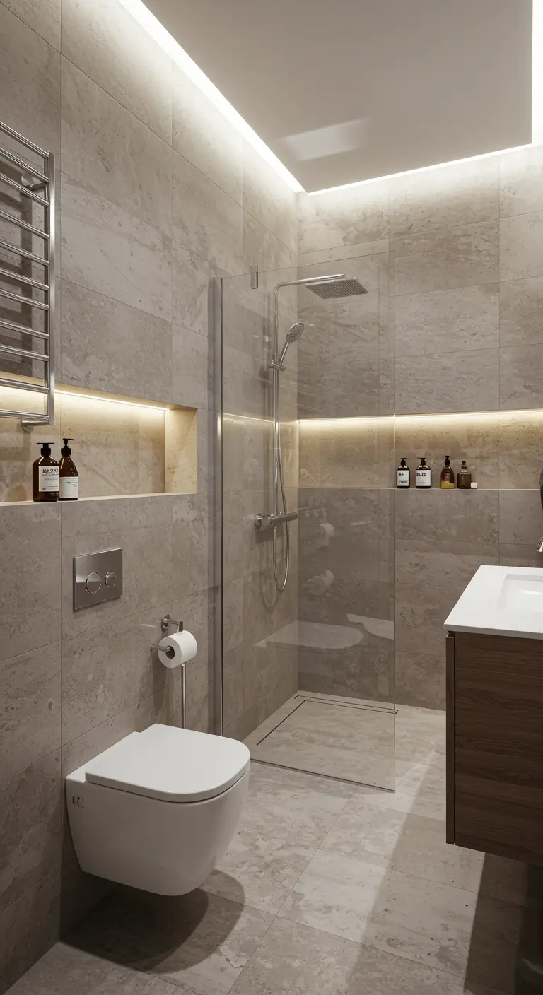 Lichte badkamer met grootformaat panelen in lichte steenlook, inloopdouche en houten meubel.