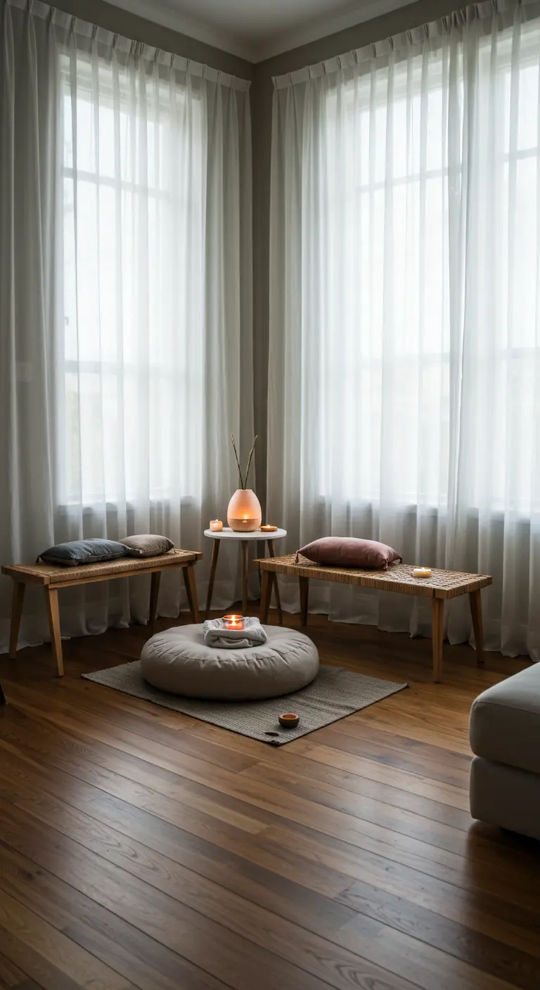 Meditatiehoek met lage houten bankjes, ronde vloerkussens, kaarsen en witte vitrage.