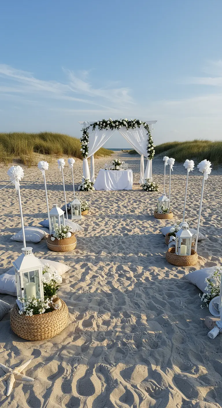 Strandceremonie setting met wit prieel, witte lantaarns en kussens in het zand.