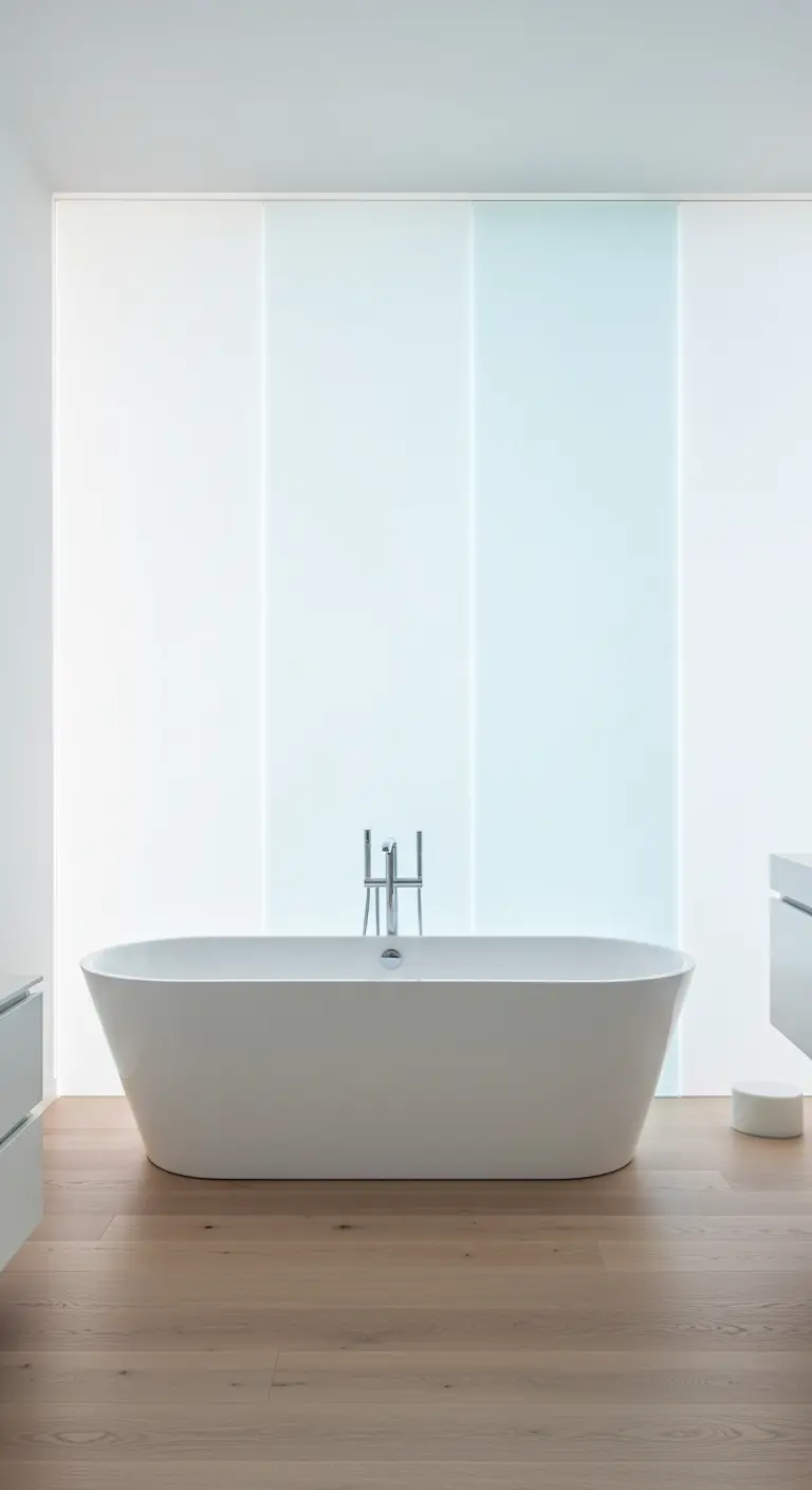 Minimalistische badkamer met vrijstaand bad voor een wand van zachtblauw en wit gestreepte glazen panelen.
