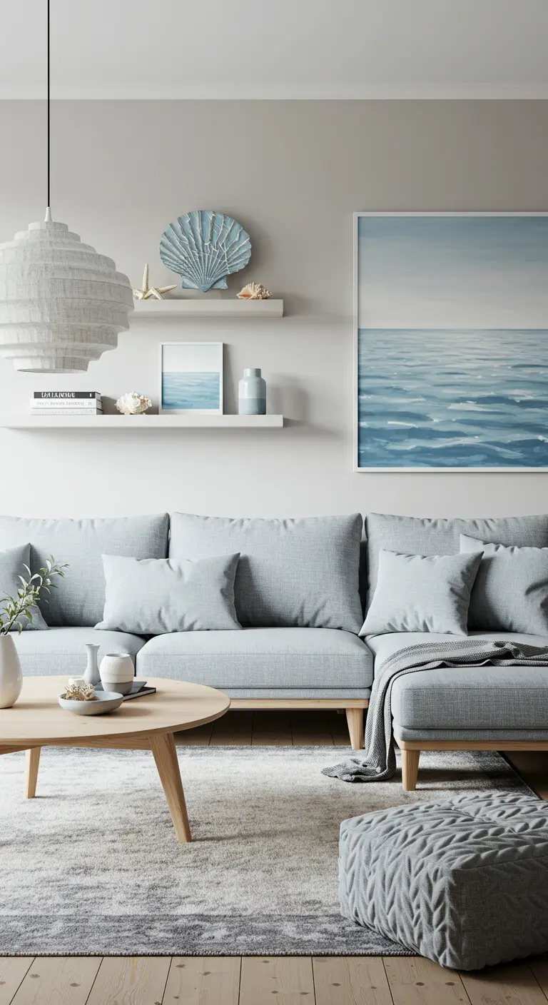 Serene woonkamer met lichtblauwe bank, houten tafel en schelpdecoratie op planken.