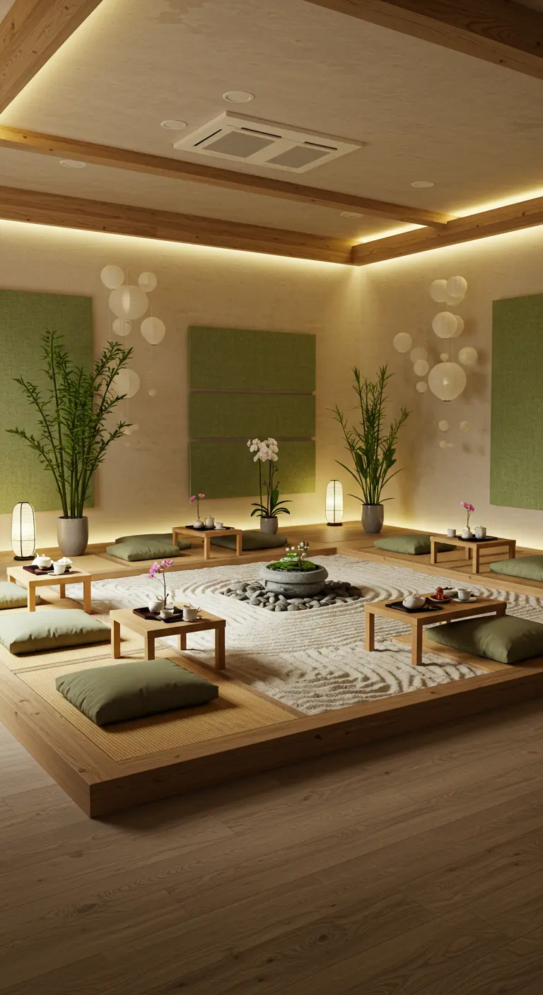 Zen-ruimte met lage houten platforms, zandtuin, kussens en minimalistische planten.