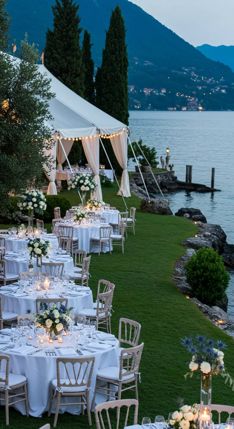 Bruiloftsdiner bij meer met witte ronde tafels en elegante bloemen