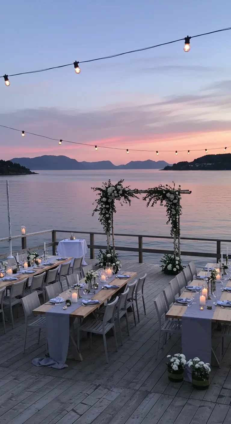 Bruiloft op houten vlonder aan water met wit/groene bloemdecoraties, tafels met kaarsen en bergen op achtergrond.
