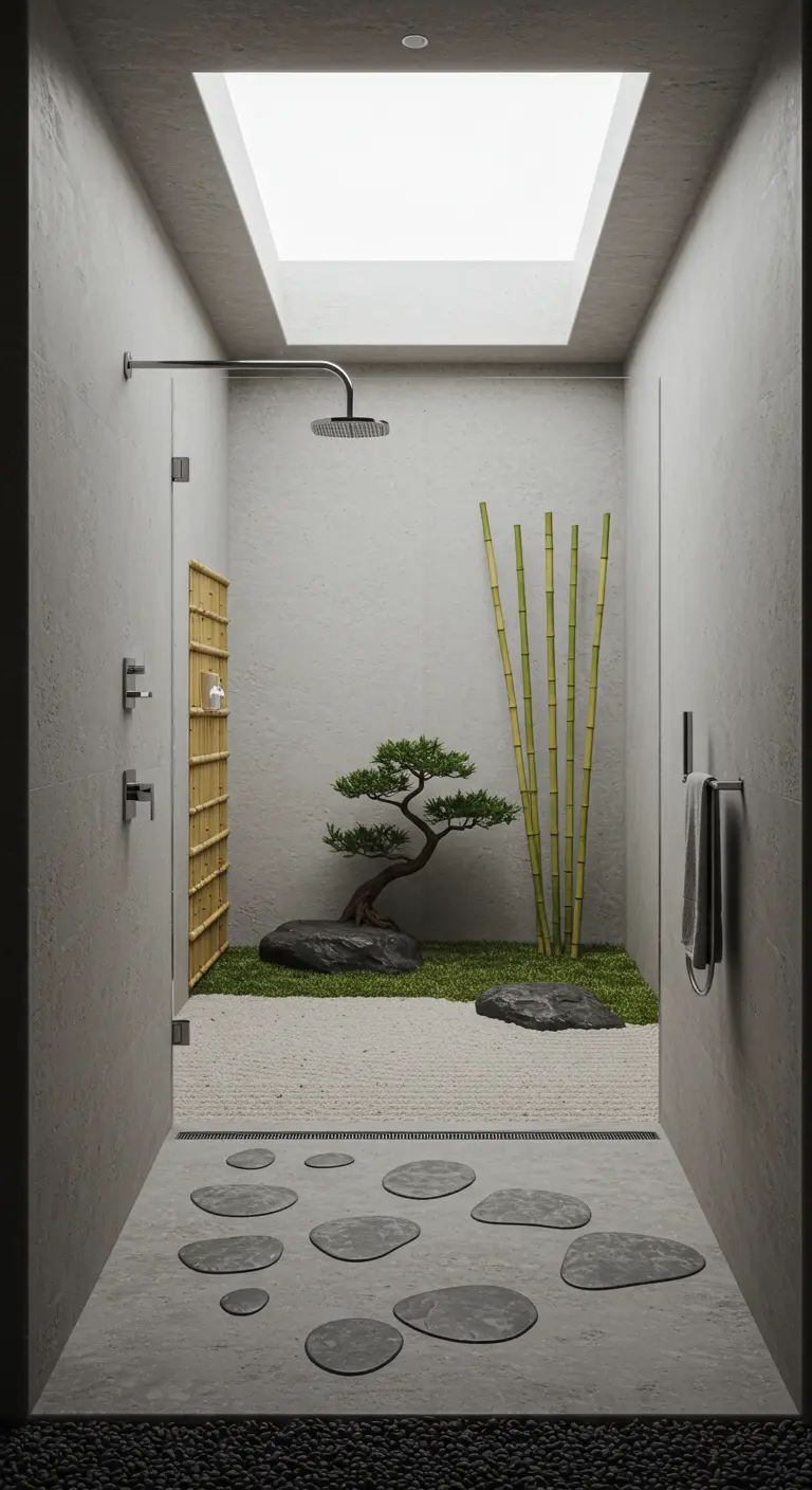 Douche met open zen-tuin, kiezelpad, bonsai, bamboe en dakraam.