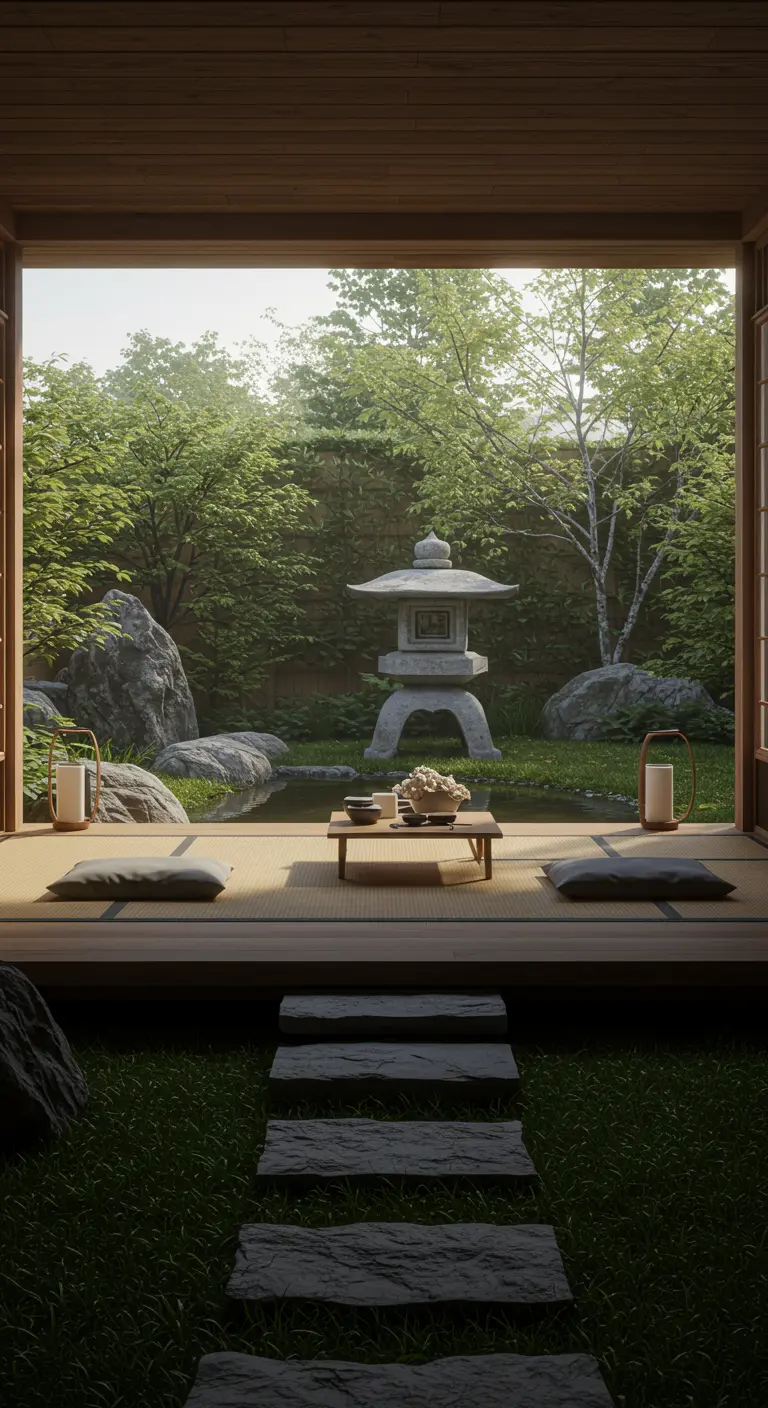 Japanse tuin met stenen lantaarn, vijver, rotsen en lage zitkussens, gezien vanuit een open ruimte.