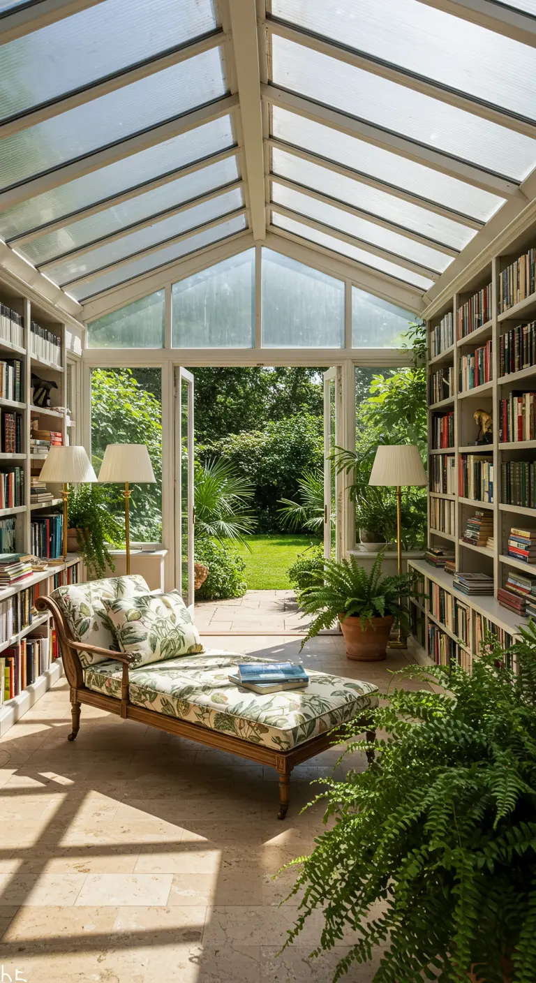 Lichte serre met boekenkasten, chaise longue en veel groene planten.