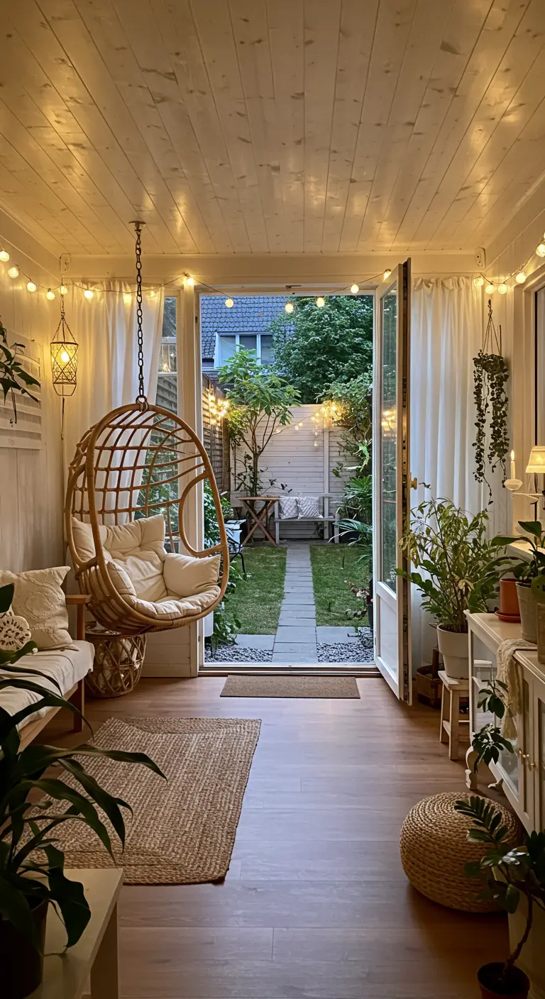 Lichte serre of tuinkamer met rotan hangstoel, lichtsnoer en uitzicht op de tuin.