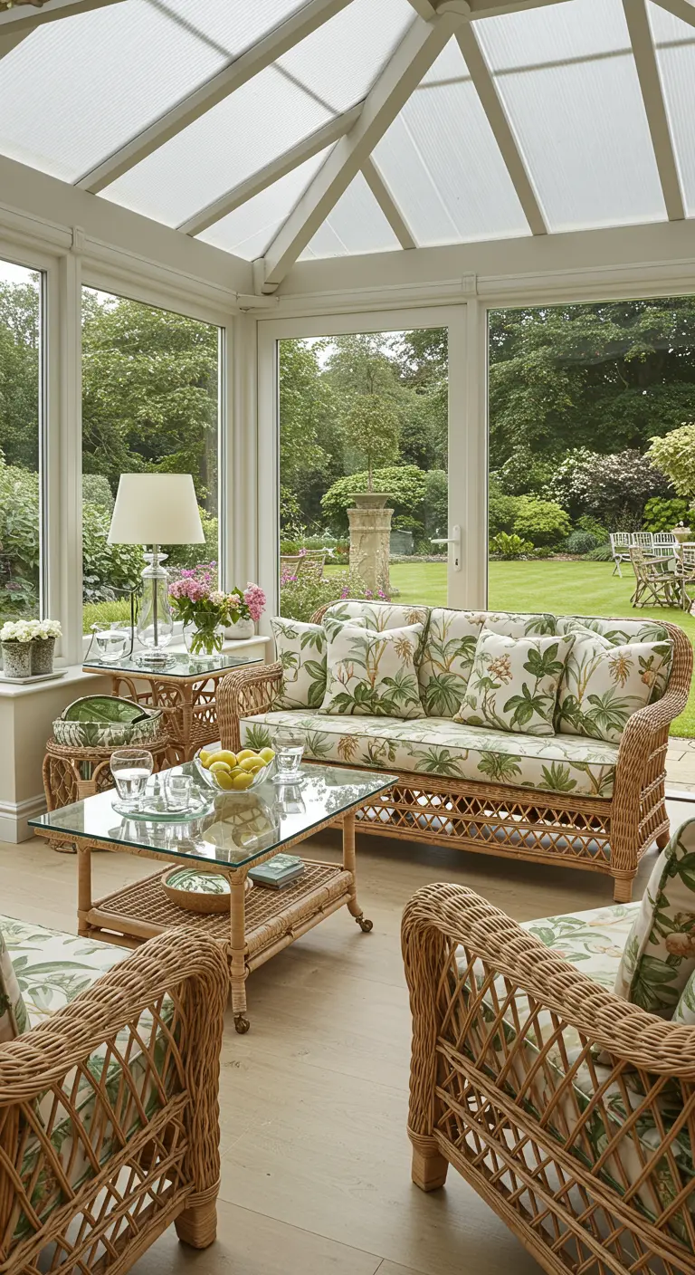 Natuurlijke rotan zithoek met lichte kussens en veel planten in een glazen serre.