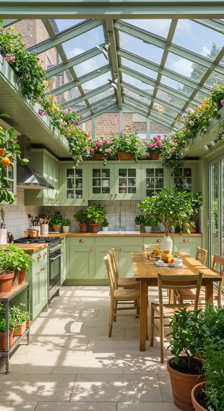 Lichtgroene keuken in een serre met glazen dak, vol met hangende en staande planten.