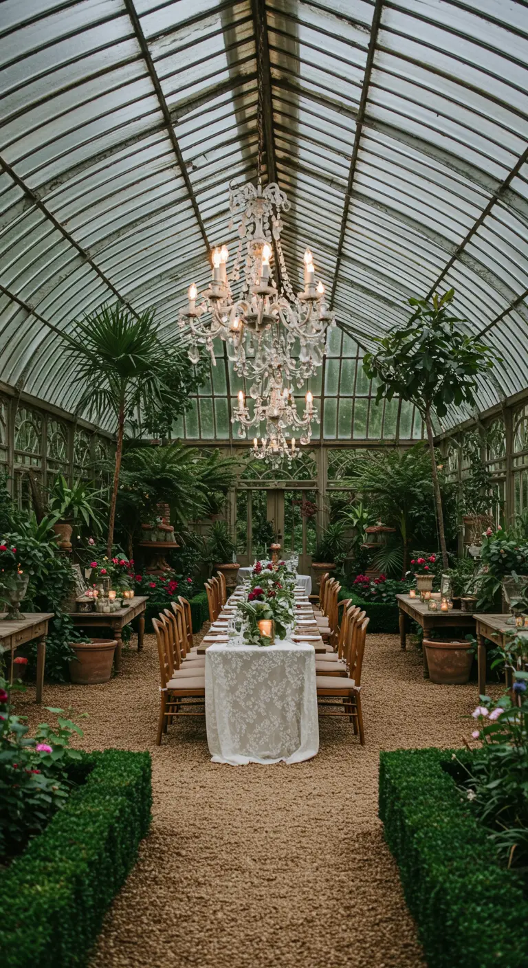Diner in serre met planten, lange tafel en kristallen kroonluchter.