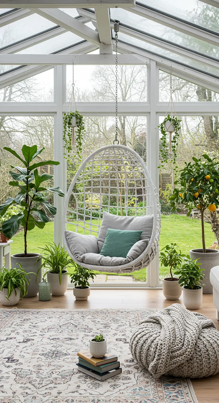 Witte rotan hangstoel in lichte serre, omringd door kamerplanten en een Perzisch tapijt.