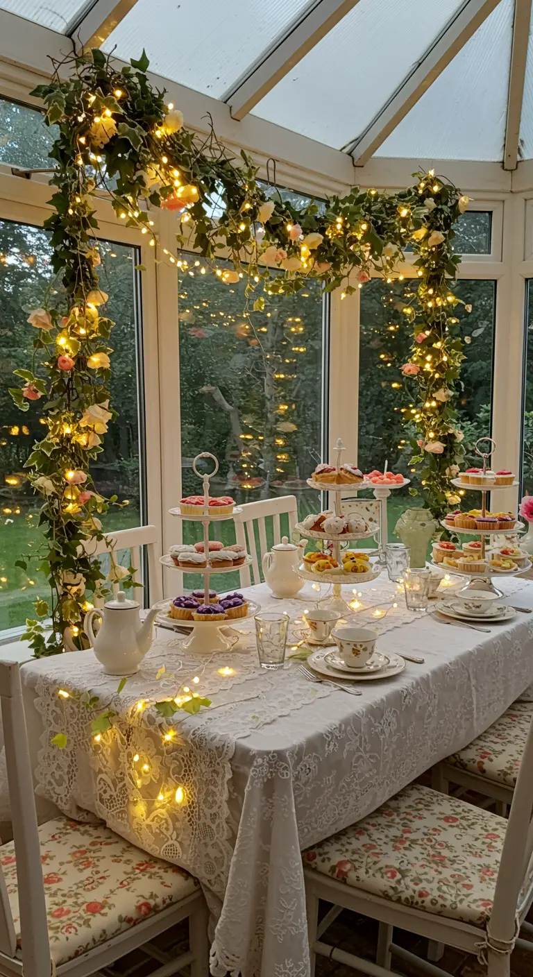 High tea opstelling in serre met een boog van klimop en lichtjes boven de tafel.