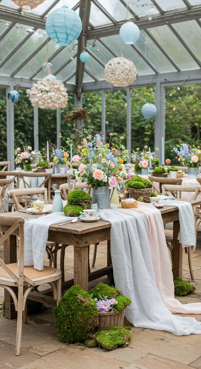High tea in een kas met houten tafels, pastelkleurige lampionnen en mosdecoraties.