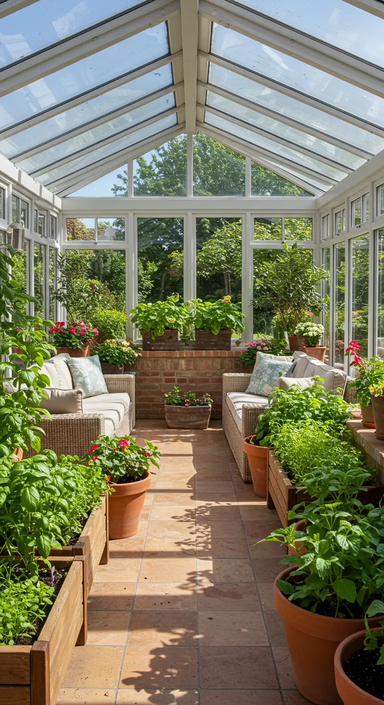 Lichte serre met loungebanken, omringd door potten en bakken met basilicum, geraniums en andere planten.